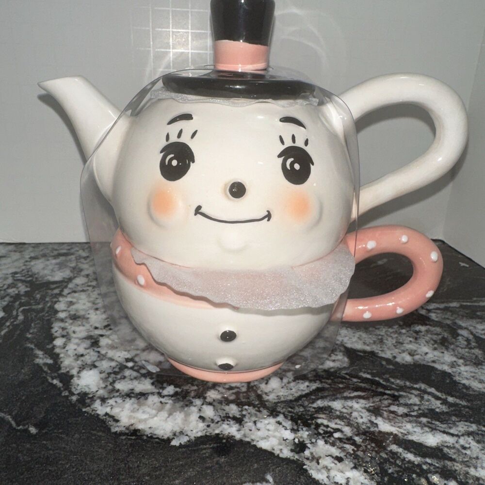 New JOHANNA PARKER CHRISTMAS SNOWMAN PINK WHITE 3 Piece TEAPOT Nesting Mug 2022
